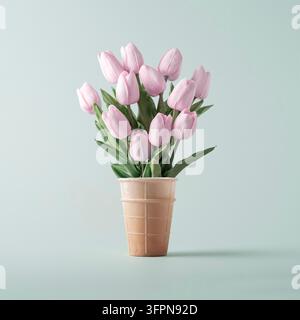Waffeltasse mit Eiscreme und einem Strauß Tulpen auf blauem Hintergrund. Kreatives Konzept für Frühling und Ostern. Stockfoto