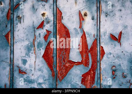 Abblätternde blaue Farbe enthüllt eine rote Grundierung auf gealterten Holzpaneelen und erzeugt eine raue abstrakte Textur aus abblätternden Schichten, Rostflecken und verwittertem Dekor Stockfoto