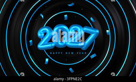 2027 Happy New Year 3D-Text mit blauen glänzenden Zahlen und Neonkreisen auf schwarzem Hintergrund - 3D-Rendering Stockfoto