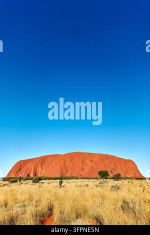 Spätnachmittägliches Licht fällt auf den roten Sandsteinmonolithen über trockenem Outback-Gras im Uluru-Kata-Tjuta-Nationalpark, Northern Territory Stockfoto