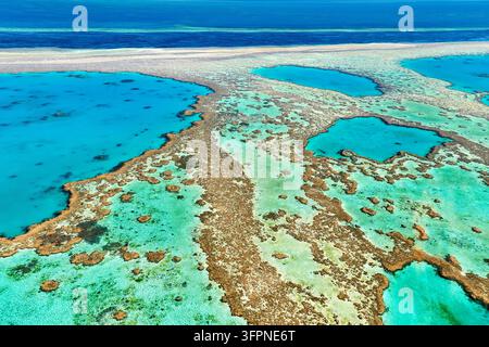 Türkisblaue Lagunen, umgeben von flachen Korallenriffplätzen neben tiefblauem Ozean, von oben gesehen vor der Küste von Queensland, Australien Stockfoto