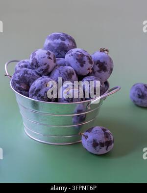 Frische violette Pflaumen, die in einem kleinen Metallkorb auf einer grünen Oberfläche angeordnet sind, mit zusätzlichen Pflaumen in der Nähe Stockfoto
