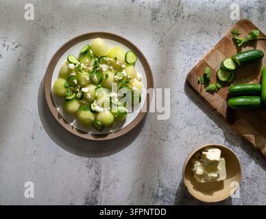 Frischer Melonen-Feta- und Gurkensalat arrangiert in einer Schüssel mit Kräutern und rustikalem Food-Styling Stockfoto