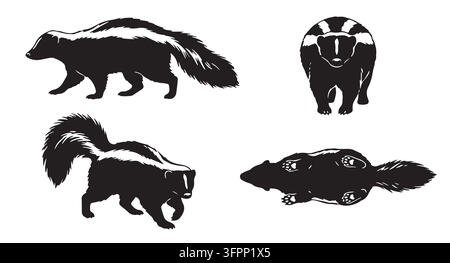 Schwarz-Weiß-Skunk-Silhouetten-Sammlung, die verschiedene Posen zeigt Stock Vektor