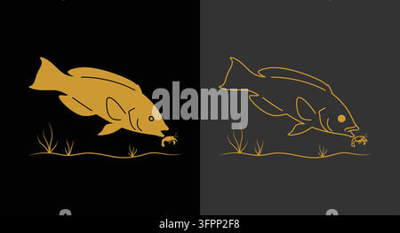 Vektorillustrationsset mit goldgelber Fischsilhouette auf Schwarz und Dunkel Stock Vektor