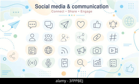 Sammlung von Social-Media- und Kommunikationslinien-Icons auf pastellfarbenem Hintergrund Stock Vektor