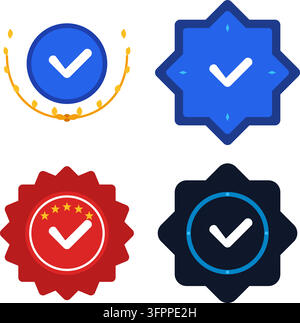 Satz farbenfroher Vektor-Häkchen-Icons mit Lorbeerkranz, Stern und Abzeichenformen auf weißem Hintergrund Stock Vektor