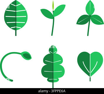 Satz aus sechs grünen Blatt- und Pflanzen-Vektor-Icons, isoliert auf weißem Hintergrund Stock Vektor