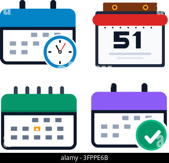 Satz von vier farbenfrohen Kalender-Symbolen mit Uhr, Datum, Stern und Häkchen-Symbolen auf weißem Hintergrund Stock Vektor