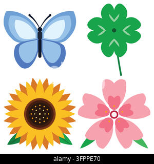 Vektor-Set mit blauem Schmetterling, grüner Kleeblatt, gelber Sonnenblume und rosa Blumen-Icons, isoliert auf weißem Hintergrund Stock Vektor