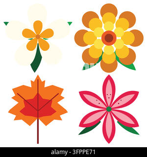 Satz von vier herbstlichen floralen Vektorillustrationen mit Blumen und Ahornblatt auf weißem Hintergrund Stock Vektor