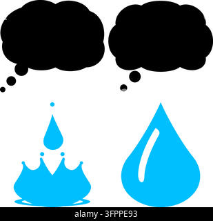 Vektorillustration von blauen Wassertröpfchen und schwarzen Gedankenblasen isoliert auf weißem Hintergrund Stock Vektor