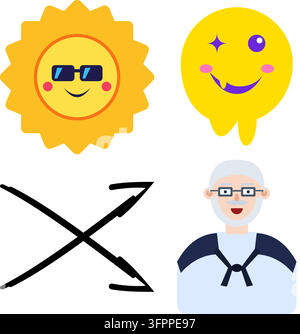 Satz von vier flachen Vektor-Icons, darunter lächelnde Sonne, Geist, gekreuzte Pfeile und älterer Mann Stock Vektor