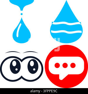 Satz von flachen Vektorsymbolen mit Wassertropfen, Cartoon-Augen und einer roten Chat-Blase auf weißem Hintergrund Stock Vektor