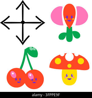 Niedliche kawaii-Vektorsymbole von Pfeil, Blume, Kirschen und Pilz mit lächelnden Gesichtern auf weißem Hintergrund Stock Vektor