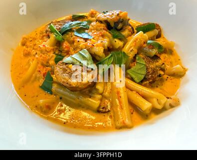 Casarecce-Pasta in cremiger Butternuss-Sauce mit Wurst und Basilikum-Garnitur. Serviert in einer weißen Schüssel. Stockfoto
