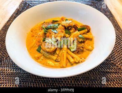 Schüssel Casarecce-Nudeln in cremiger Butternusskürbissauce mit Wurst und Basilikum-Garnitur. Stockfoto