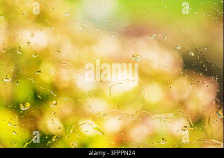 Regentropfen und Wasserstreifen auf einer Glasscheibe mit unscharfem gelbgrünem Natur-Bokeh. Stockfoto