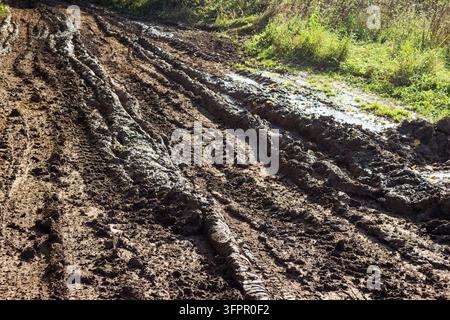 Tiefe matschige Reifenspuren, die sich durch eine nasse Schotterstraße ziehen, mit schlammigen Fahrrinnen und Pfützen unter hellem Sonnenlicht neben grünem Gras Stockfoto