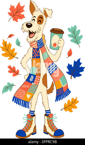Herbstkomfort und gemütliches Lebensstilkonzept, glücklicher Cartoon-Hund trägt einen bunten Patchwork-Schal und Wanderschuhe und hält eine Kaffeetasse. Stock Vektor