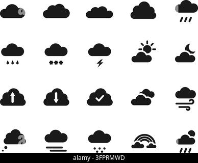 Satz von 20 Wolken-Icons im soliden schwarzen Flachstil, einschließlich Variationen der klassischen Wolkenform. Vektorillustration isoliert auf weißem Hintergrund. Stock Vektor