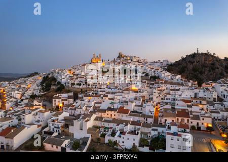 Beleuchtetes altes Dorf Olvera in der Dämmerung, Luftaufnahme, Olvera, Cádiz, Andalusien, Spanien, Europa Stockfoto