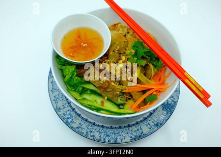 Asiatische Küche. Bo Bun. Vietnamesische Schüssel mit frittierten Frühlingsrollen, Rindfleisch, aromatischen Kräutern und lebendigem frischem Gemüse. Stockfoto