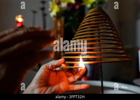 Pho Chieu Buddhistischer Tempel. Nahaufnahme einer Hand, die eine spiralförmige Räucherspirale entzündet. Haiphong. Vietnam. Stockfoto