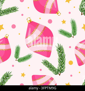 Nahtloses Weihnachtsmuster mit rosa Ornamenten im Retro-Stil, Fichtenzweigen und goldenen Sternen. Stock Vektor