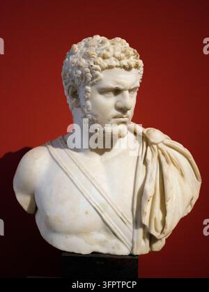 Deutschland: Marmorbüste von Caracalla (188-217 n. Chr.), gemeinsamer 22. römischer Kaiser, 212-217 n. Chr. Altes Museum, Museumsinsel, Berlin. Geboren als Lucius Septimius Bassianus, aber nach der Verbindung seines Vaters mit den Familien der Nerva-Antonin-Dynastie in Marcus Aurelius Antoninus umbenannt. Caracalla (Spitzname nach einer gallischen Kapuzenjacke) war der älteste Sohn von Kaiser Septimius Severus und regierte von 198 n. Chr. bis zum Tod seines Vaters 211 n. Chr. gemeinsam mit diesem. Danach wurde er gemeinsam mit seinem jüngeren Bruder Geta Kaiser, ermordete diesen jedoch weniger als ein Jahr nach der gemeinsamen Herrschaft Stockfoto