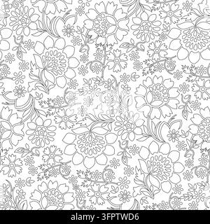 • Schwarzweisses Linienkunst-Muster mit Blumen, nahtlos, für ein Ausmalbuch für Erwachsene oder Textildesign Stock Vektor