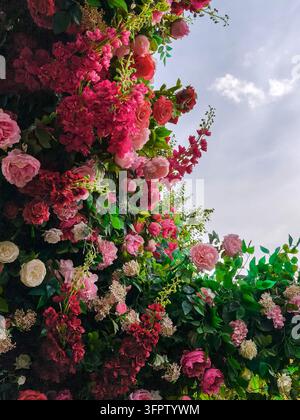 Dekorativer Bogen oder Wand aus künstlichen rosa und burgunderroten Blumen, verziert mit grünen Blättern, vor einem bewölkten Himmel. Kopierraum Stockfoto