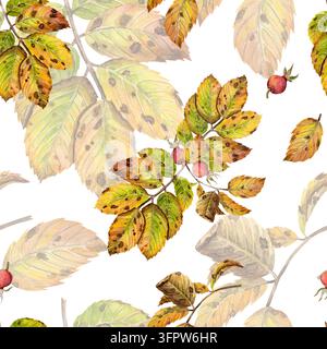 Aquarell-Herbst-Muster ohne Rand mit rosa und orangefarbenen Blättern auf weißem Hintergrund. Herbstbotanisches wiederholtes Fliesenmuster für Stoff, Geschenkpapier, Tapete Stockfoto