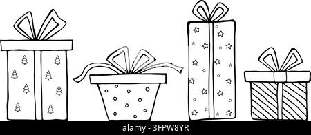 Handgezeichnete Weihnachtsgeschenkboxen. Stock Vektor