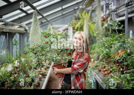 Glückliche Gewächshausarbeiterin posiert in der Orangerie mit Murraya paniculata oder Orange-Jasmin-Pflanze. Stockfoto