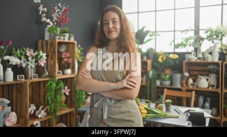 Floristin in Schürze steht mit verschränkten Armen zwischen Blumen und Holzkisten im Studio; Selbstvertrauen im Kleinunternehmen. Stockfoto