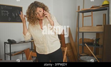 Frauenschreinerin telefoniert am Smartphone, hält einen Stift und gestikuliert mit der Hand zwischen Holzplatten, Werkzeugen und Schutzhelm in der Werkstatt; Arbeitsstress. Stockfoto