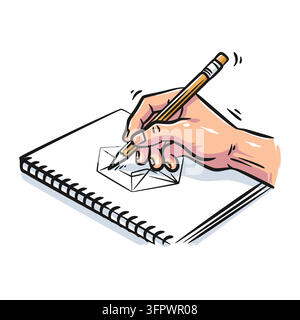 Lebendige handgezeichnete Vektorillustration mit einer menschlichen Hand, die mit einem Holzbleistift in einem Spiralnotizbuch skizziert. Ideal für kreative Künste, Bildung Stock Vektor