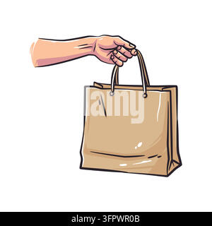 Bunte handgezeichnete Vektorillustration einer menschlichen Hand, die eine leere braune Kraftpapiereinkaufstasche hält. Perfekt für Einzelhandel, umweltfreundlichen Laden Stock Vektor