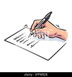 Farbenfrohe handgezeichnete Vektorillustration einer menschlichen Hand, die einen Stift hält und Notizen auf Papier schreibt. Perfekt für Bildung, Firmenbüro, Schreibwaren Stock Vektor