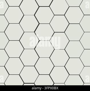 Minimalistische geometrische Illustration eines nahtlosen Musters mit hellgrauen sechseckigen Fliesen und schwarzen Fugenlinien als Hintergrund Stockfoto