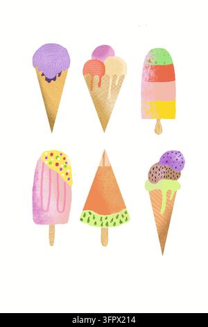 Sammlung von bunten handgezeichneten Eisbechern, Eis am Stiel in Pastellfarben, mit Kugeln, Streuseln, fruchtigen Designs. Sommer, Dessert, süßes Vergnügen Stockfoto