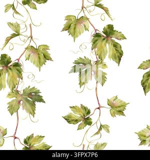 Ein nahtloses Muster mit handgezeichneten Aquarell-Traubenblättern. Stockfoto