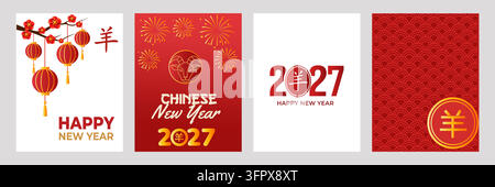 Satz von chinesischen Neujahrsgrußkartendesigns im modernen Flatstyle für das Jahr 2027 Stock Vektor
