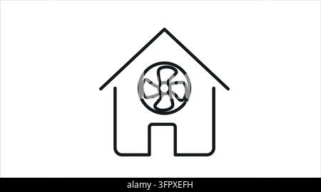 Haus mit Lüfter-Wärmepumpensystem Vektor-Symbol. Schwarzer Linienstil auf weißem Hintergrund. Stock Vektor