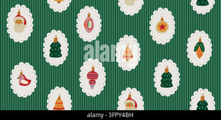 Elegantes Vintage-Weihnachtsmuster mit tiefgrünen vertikalen Streifen und dekorativen Rosetten im Scrapbook-Stil mit klassischen Baumschmuckelementen. Ein raffiniertes retro-skandinavisches Feiertagsdesign. Vektorillustration Stock Vektor