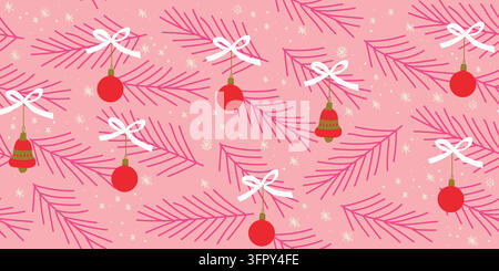 Mädchenhaftes Retro-Weihnachtsmuster mit weichen rosa immergrünen Zweigen, die mit weißen Schleifen und einfachen roten Kugeln und Glocken verziert sind. Ein süßes skandinavisches Feiertagsdesign mit einem gemütlichen Baby-Mädchen-Weihnachten. Vektorillustration Stock Vektor