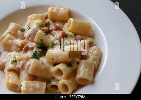 Hochwinkelansicht von Rigatoni alla Valdostana mit Schinkwürfeln und Petersilie in einer breiten, randigen weißen Schüssel, mit frischer Petersilie oben drauf, sanftes natürliches Licht Stockfoto