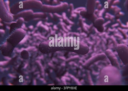 Detaillierte 3D-Darstellung einer Stäbchenförmigen Bakterienkolonie von Yersinia pestis, die die Pest verursacht. Nahaufnahme von violetten pathogenen Mikroorganismen, ideal für Wissenschaftler Stockfoto