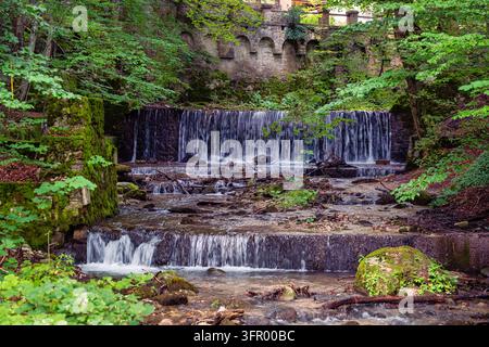 Kleine stufenförmige Wasserfall, der über Steine durch einen üppigen Wald nahe dem Pelișor-Schloss in Rumänien fließt Stockfoto